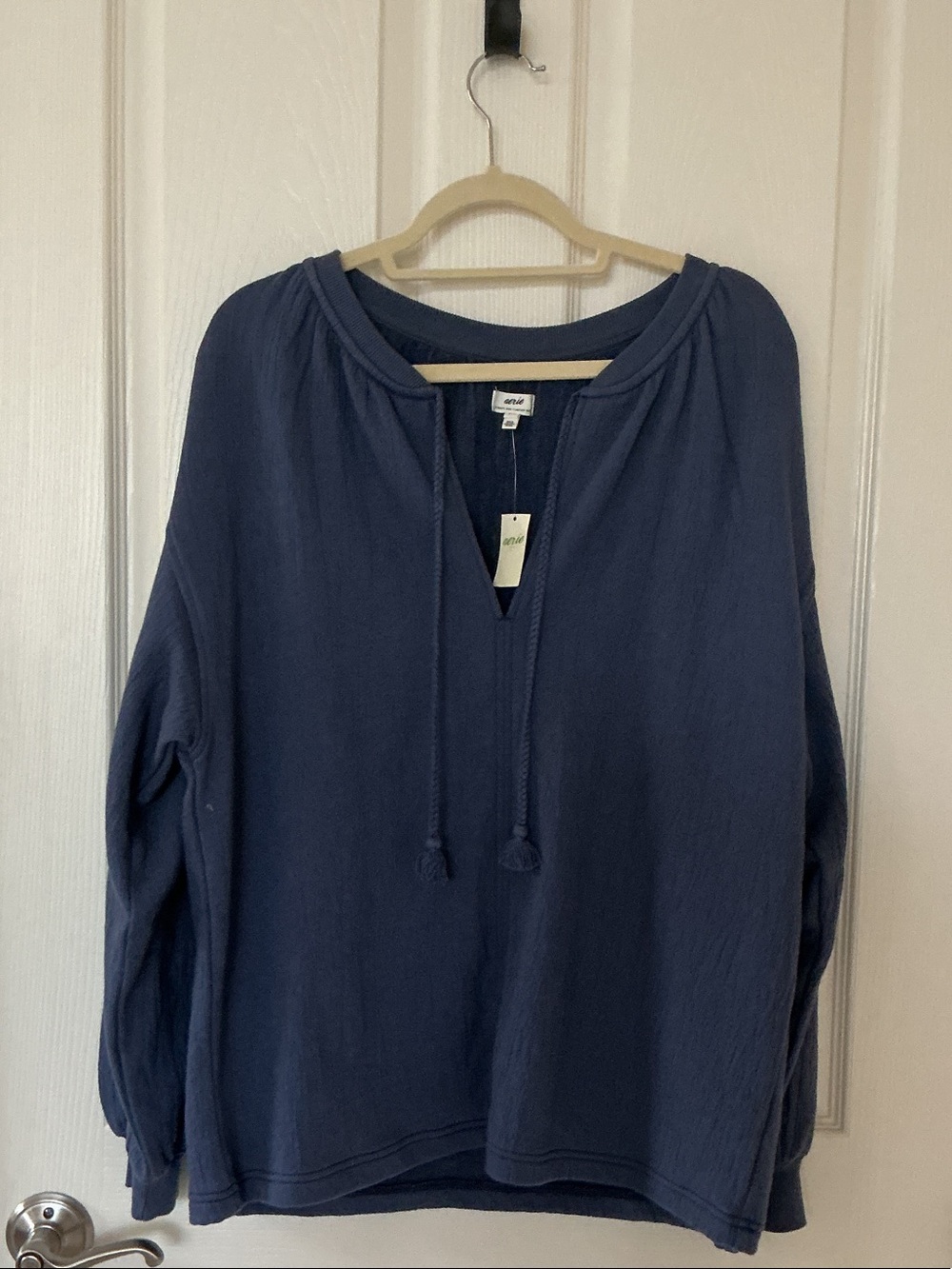 aerie Navy Pullover V-Neck Hoodie with Drawstrings